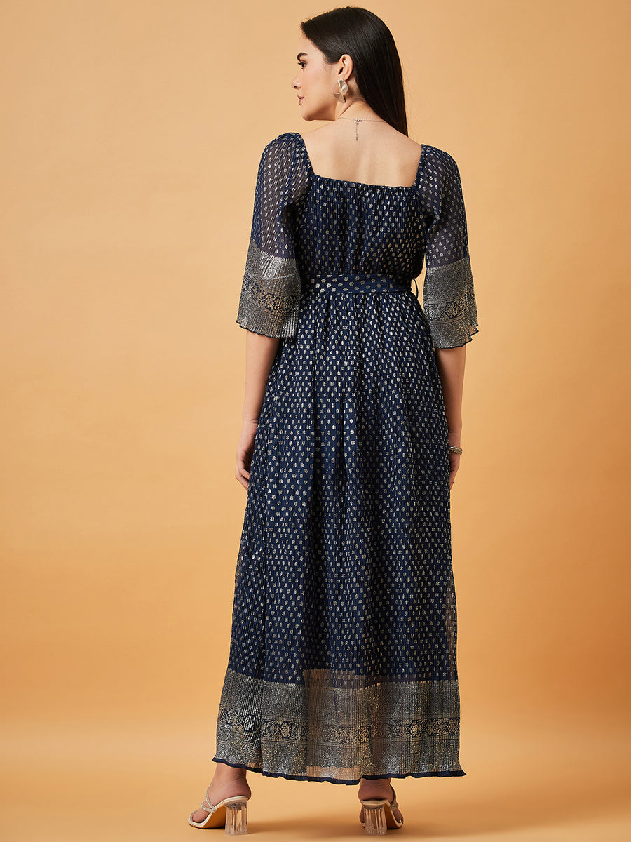 WOMEN ETHNIC PLEATED SHIMMER LONG DRESS