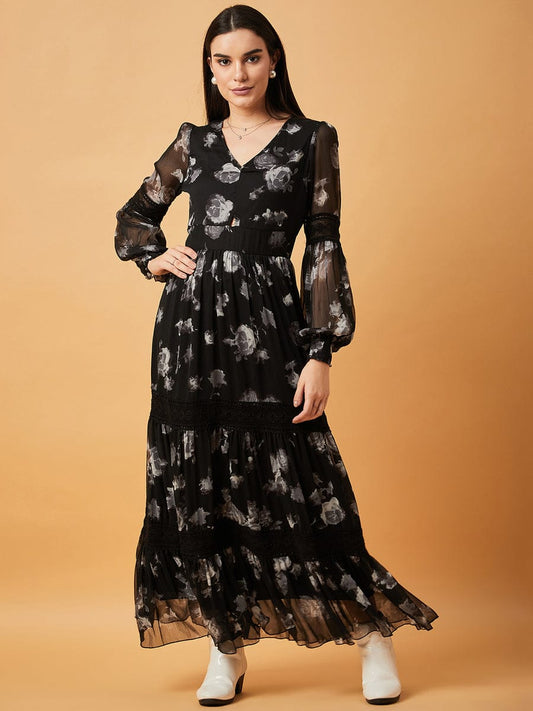 WOMEN CHIFFON MAXI DRESS WITH LACE Dress